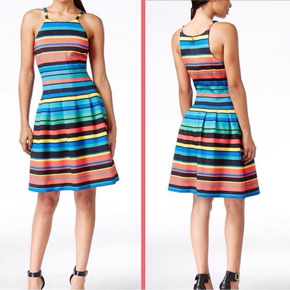 Calvin Klein Rainbow Striped Halter Fit and Flare Dress Small 6 - Picture 2 of 11